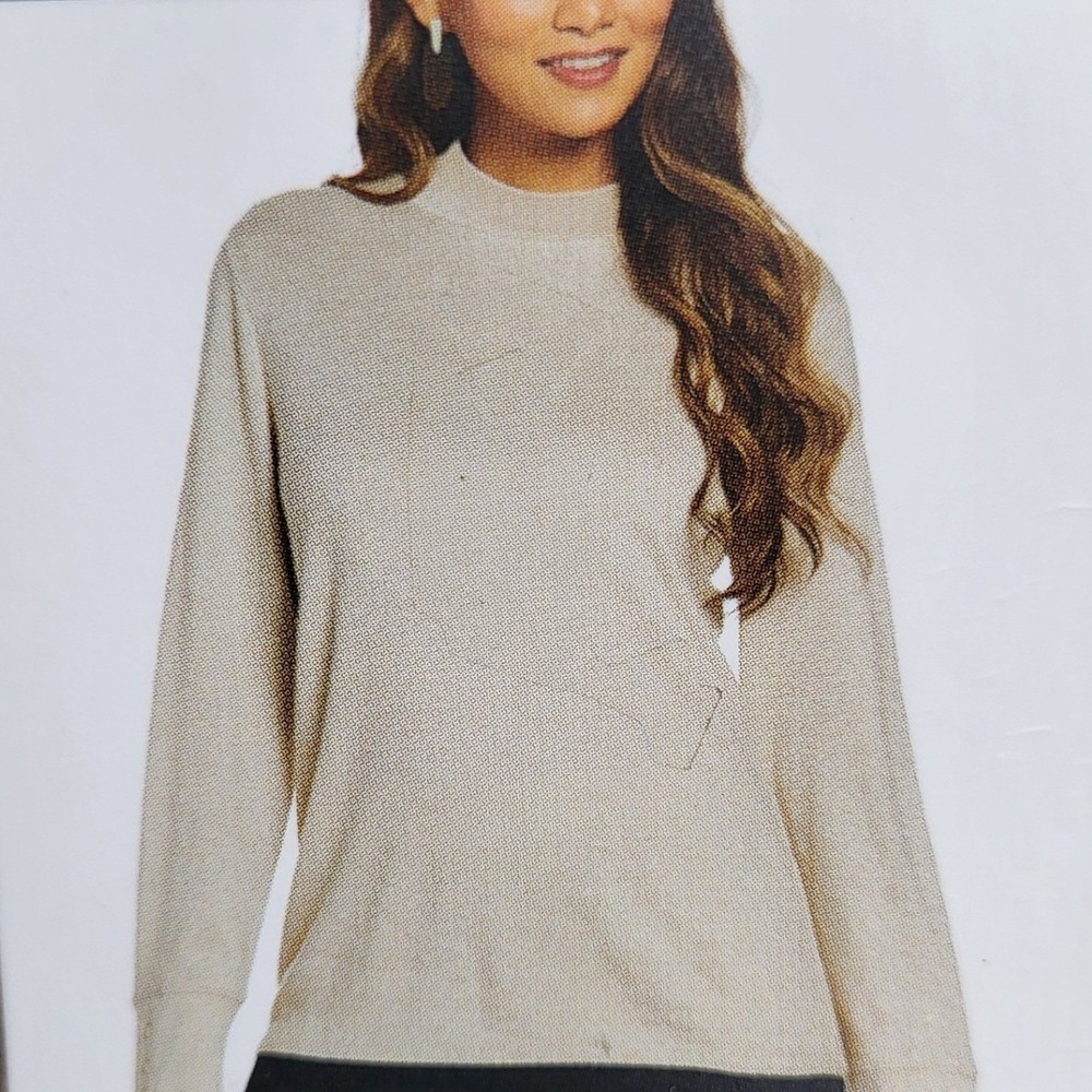 RAFAELLA Women Large Wheat Heather Mock Neck Cuff‎ Button Long Sleeve Top NWT